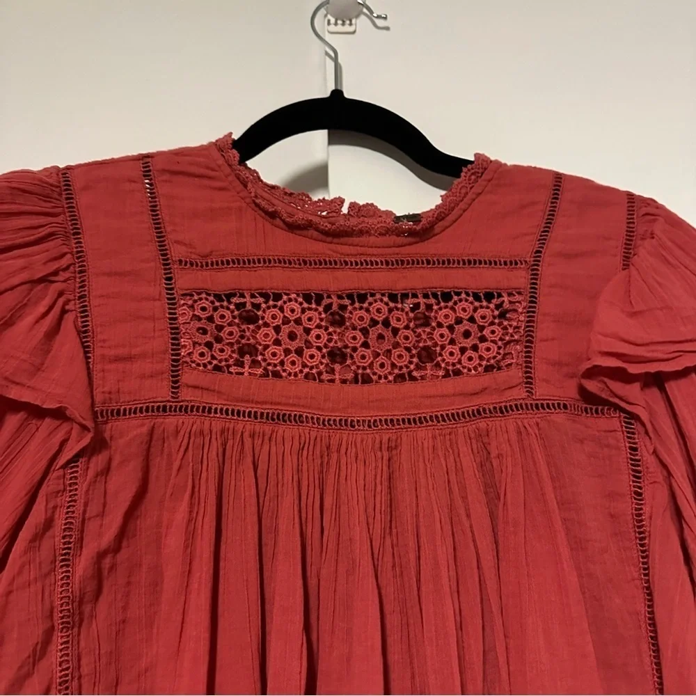 Free People Womens Top Laura Eyelet Lace Blouse Pink XS